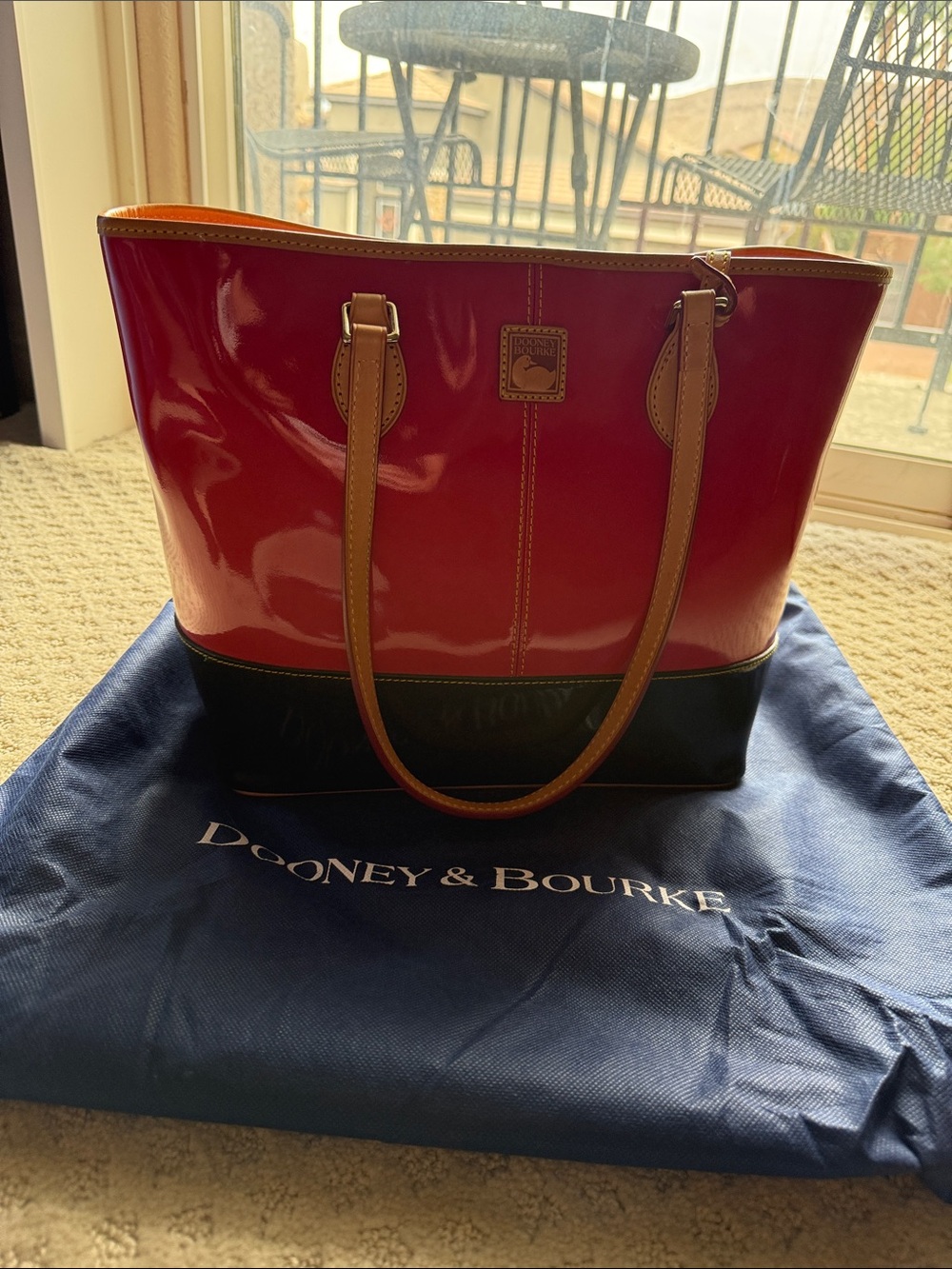 Dooney & Bourke Red Patent Tote with Black Base and Tan Straps